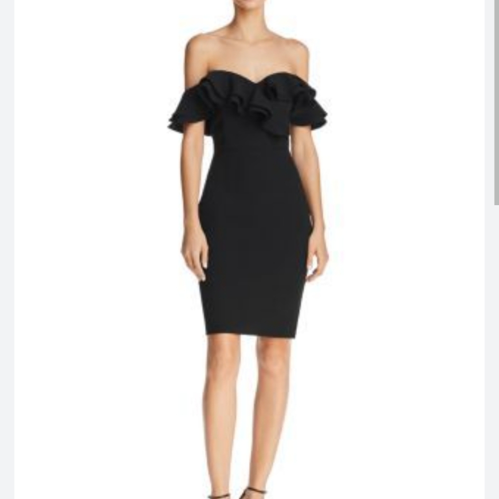 Sunset + Spring black bodycon cocktail dress.  Ruffled off the shoulder mini lit